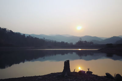 Scenic view of lake against sky during sunset