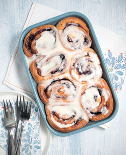 High angle view of breakfast on table