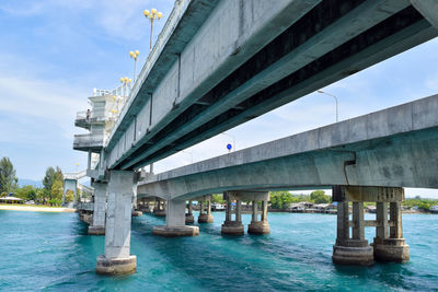 Low angle view of bridge over river against sky