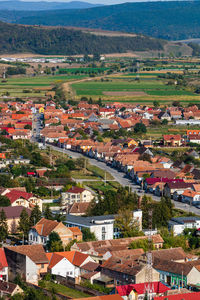 High angle view of houses in city