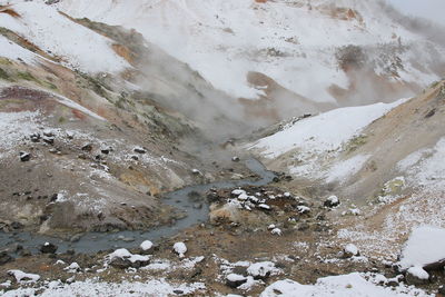 Scenic view of snowcapped mountains during winter