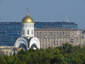 Exterior of historic building against clear sky