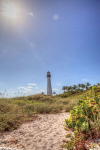 Lighthouse amidst plants and buildings against sky