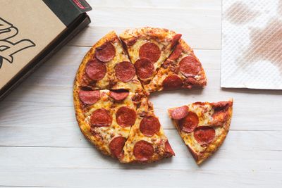 High angle view of pizza on table