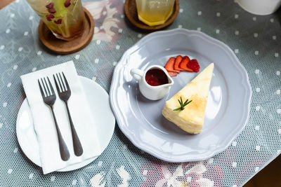 High angle view of breakfast served on table