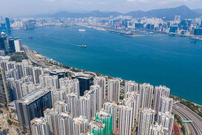 High angle view of city at waterfront