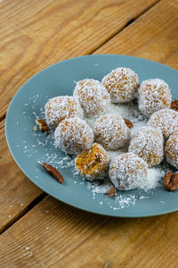 High angle view of dessert in plate on table