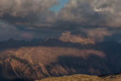 Scenic view of mountains against cloudy sky