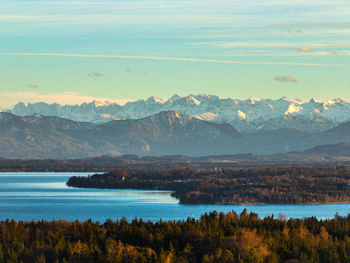 Scenic view of sea and mountains against sky