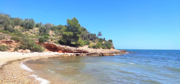 Scenic view of sea against clear blue sky