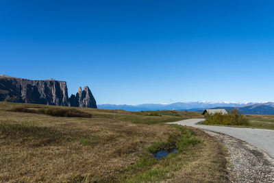 Road amidst field against clear blue sky