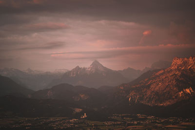 Scenic view of mountains against sky during sunset