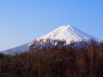 Scenic view of snowcapped mountains against clear blue sky