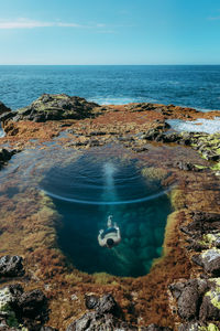 High angle view of man swimming in sea