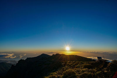 Scenic view of mountains against blue sky during sunset