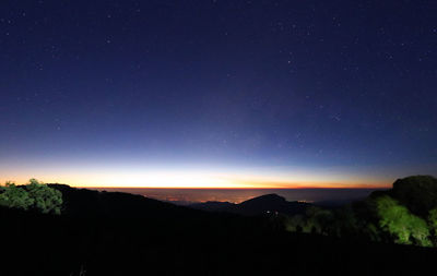 Scenic view of silhouette mountain against sky at night