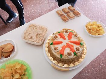 High angle view of food served on table