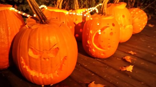 Close-up view of illuminated pumpkins
