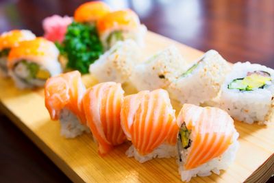 High angle view of salmon sashimi on tray