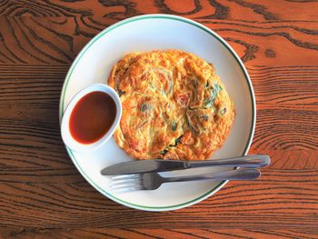 High angle view of breakfast served on table