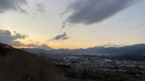 High angle view of townscape against sky during sunset