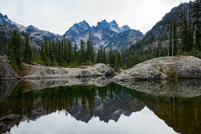 Scenic view of mountains reflecting in lake