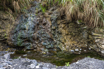 High angle view of stream flowing through rocks