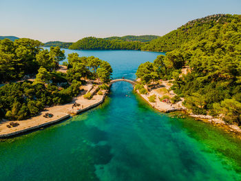 Aerial view of mljet national park in croatia in summertime with vibrant landscape.