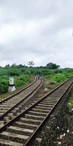 Railroad track amidst field against sky