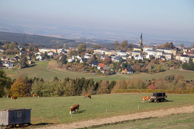 Scenic view of town on field