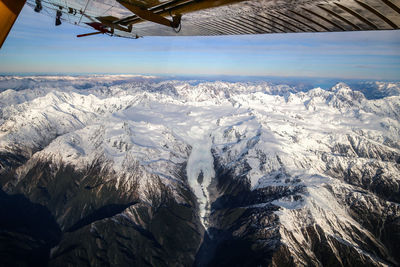 Aerial view of snowcapped mountains against sky