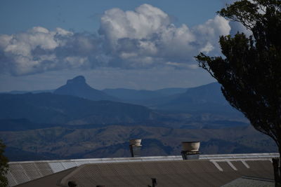 Houses by mountains against sky