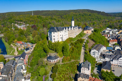 High angle view of buildings in town