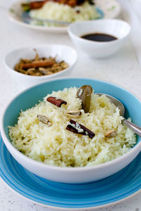 High angle view of food in bowl on table