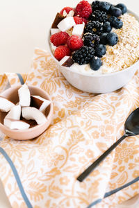 High angle view of breakfast served on table