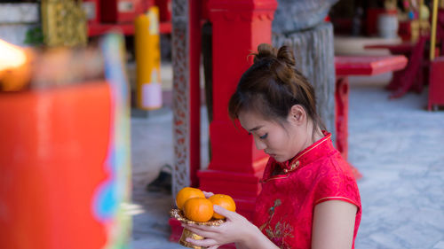 Close-up of girl looking up