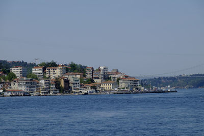 Sea by buildings in city against clear sky