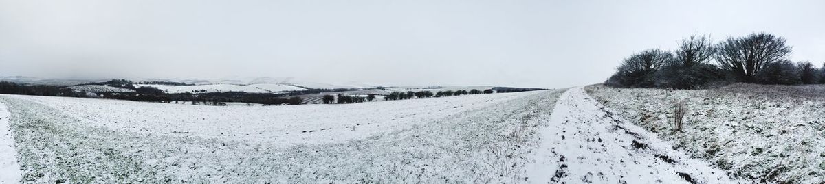 Snow covered field against clear sky