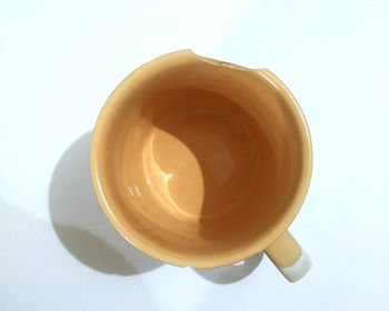 High angle view of coffee cup against white background