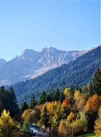 Scenic view of mountains against clear blue sky