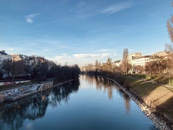 Scenic view of river by buildings against sky