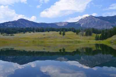 Scenic view of lake and mountains against sky