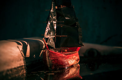 Close-up of toy boat on water