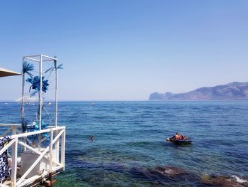 Scenic view of sea against clear blue sky