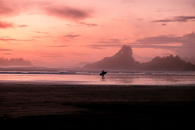 Silhouette man on beach against sky during sunset