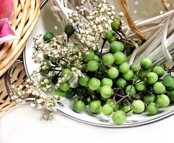 High angle view of fruits in basket on table