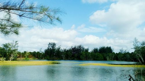 Scenic view of lake against cloudy sky