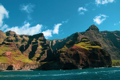 Scenic view of sea and mountains against sky