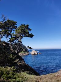 Scenic view of sea against clear blue sky