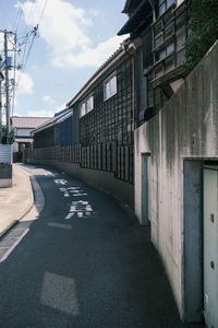 Empty road amidst buildings against sky in city